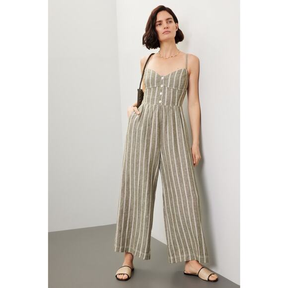 MADEWELL Green Stripe 100% Linen Sweetheart Neckline Campbell Jumpsuit Size 8 - Picture 1 of 16